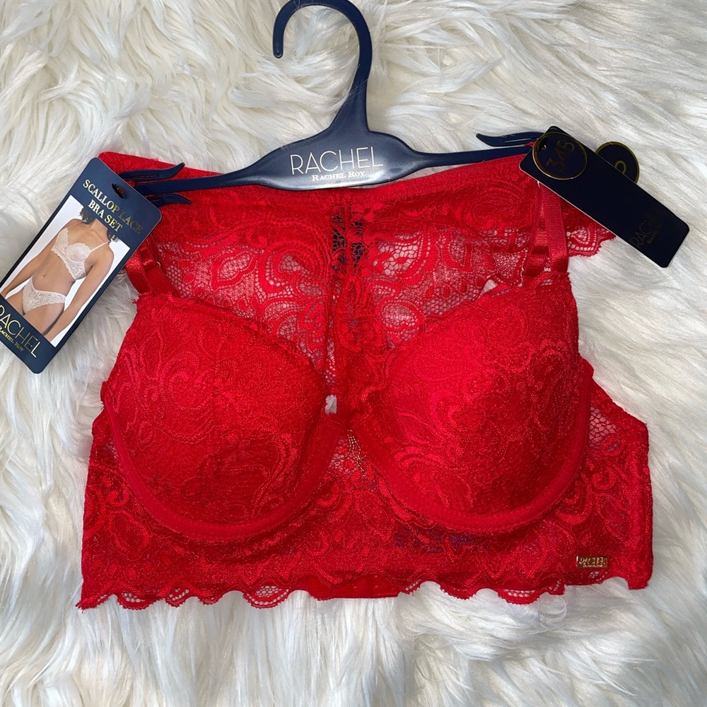 Sexy Red Rachel Roy Scallop Lace Bra and Panty Set